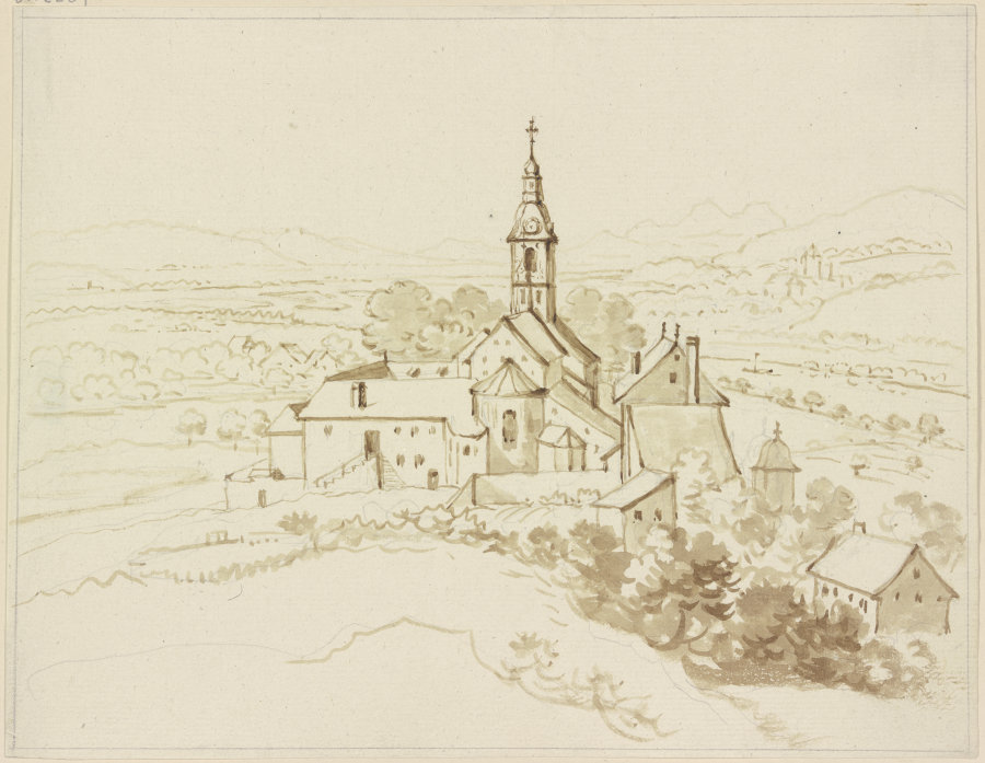 Blick auf eine Anhöhe mit der Stiftskirche Schönenwerd van Friedrich Wilhelm Hirt
