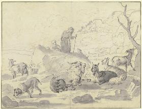 Ziegenherde mit einem Hund, hinter einem Felsblock eine alte Hirtin mit einem Kind