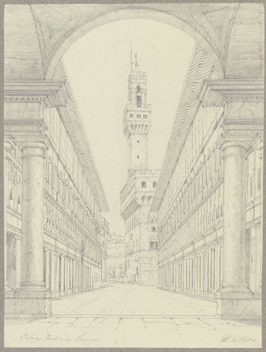 Der Palazzo Vecchio in Florenz vom Hof der Uffizien aus gesehen van Friedrich Wilhelm Ludwig