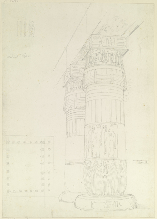 Ägyptische Säulen mit Architrav, daneben Grundriss eines Säulenhofes van Friedrich Maximilian Hessemer