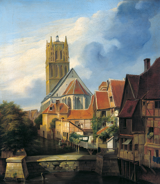 Ansicht der Überwasserkirche zu Münster von Südosten van Friedrich Wilhelm Harsewinkel
