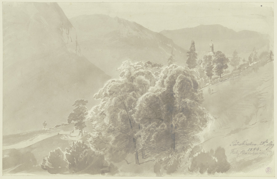 Gebirgslandschaft, im Vordergrund Baumgruppe, aus der ein Kirchturm hervorsieht van Fritz Bamberger