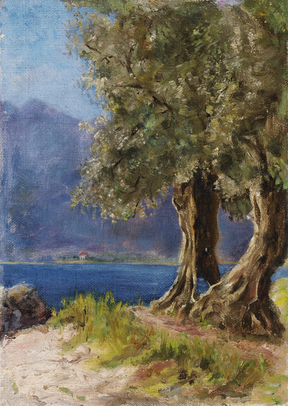 Olivenbaumgruppe an einem italienischen See van Fritz Hauck