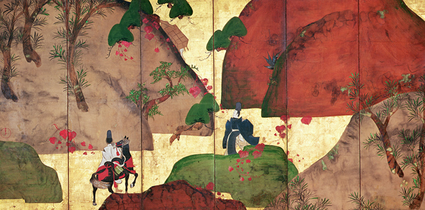 The Narrow road of Ivy (pen & ink, colour & gold paper on panel) van Fukae Roshu
