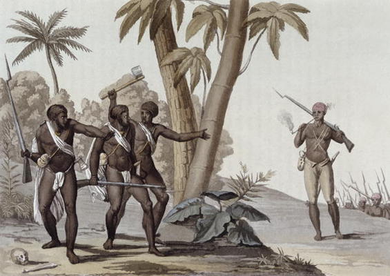 Freed slaves hunting down escaped slaves in Surinam, Guiana, illustration from 'Le Costume Ancien et van G. Bramati