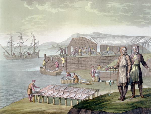 The fishing industry, Newfoundland, from 'Le Costume Ancien et Moderne', Volume II, plate 36, by Jul van G. Bramati