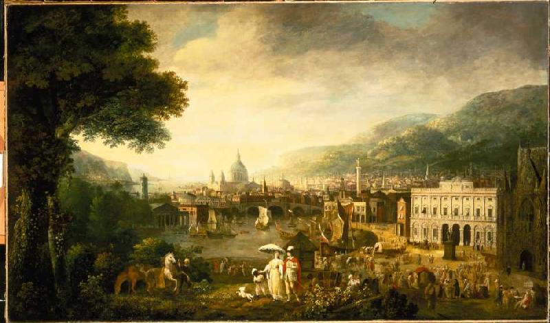 Ansicht von London als mediteraner Hafen und St. Pauls-Kathedrale im Hintergrund. van Gabriele Ricciardelli (Umkreis)