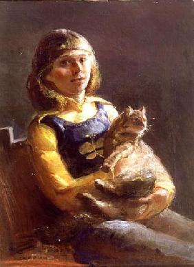Girl with Cat (oil on canvas) 