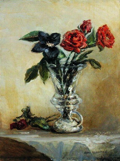 Two Roses in a Glass Vase with Opening Tulip (oil on canvas)  van Gail  Schulman