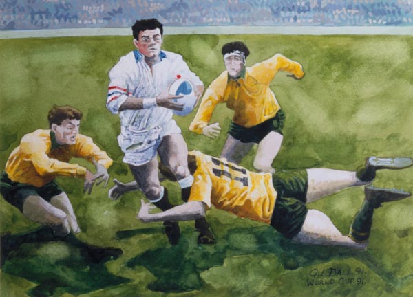 Rugby Match: England v Australia in the World Cup Final, 1991, Will Carling being tackled (w/c)  van Gareth Lloyd  Ball