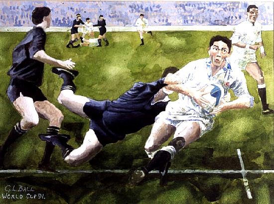 Rugby Match: England v New Zealand in the World Cup, 1991, Rory Underwood being tackled (w/c)  van Gareth Lloyd  Ball