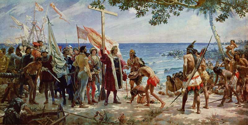 The disembarkation of Christopher Colombus on the Island of Guanahani in 1492 van Jose Garnelo y Alda, Jose