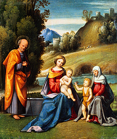 Die hl. Familie mit Elisabeth und dem Johannesknaben an einem Fluss-Ufer van Garofalo