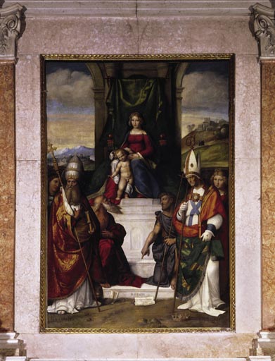 Thronende Maria mit Kind, dem Heiligen Silvester und fuenf weiteren Heiligen van Garofalo