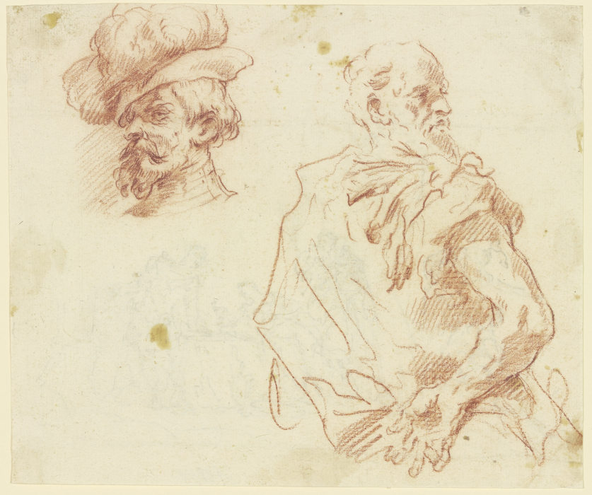 Kopf eines bärtigen Mannes mit Hut, Rückenansicht eines Mannes van Gaspare Diziani