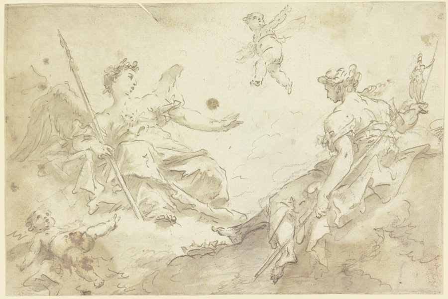 Zwei allegorische Frauenfiguren mit Putten auf Wolken (Virtù und Nobilità) van Gaspare Diziani