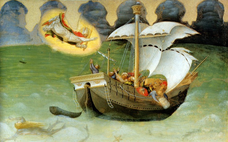 St Nicolas Rescues the Ship from the Tempest (from the Polyptych Quartesi) van Gentile da Fabriano