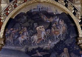 The Adoration of the Magi, detail of procession in landscape