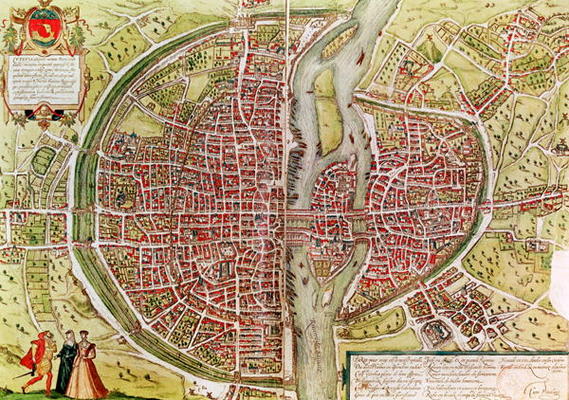 Map of Paris from 'Civitates orbis terrarrum' by Georg Braun (1541-1622) and Franz Hogenbergh (1540- van Georg Braun