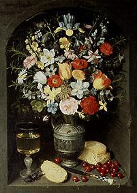 Blumenstrauß in silbernem Krug in einer Nische stehend. van Georg Flegel