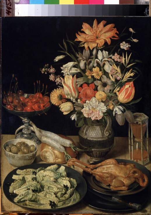 Still life with flowers and snack van Georg Flegel