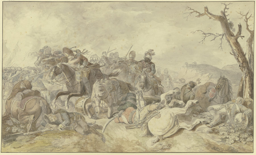 Kavallerieangriff gegen Infanterie, rechts ein sterbender Tambour van Georg Friedrich Hoch