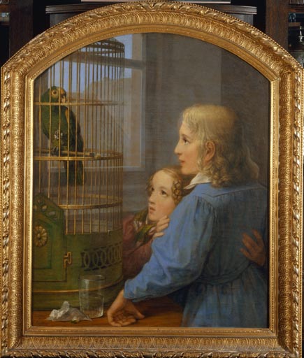 Zwei Kinder vor einem Papageienbauer van Georg Friedrich Kersting