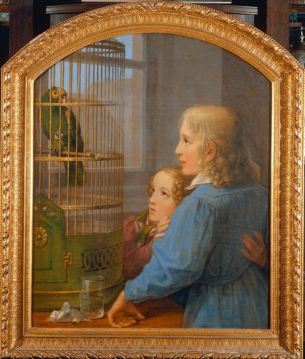 Two Children before a Parrot Cage van Georg Friedrich Kersting