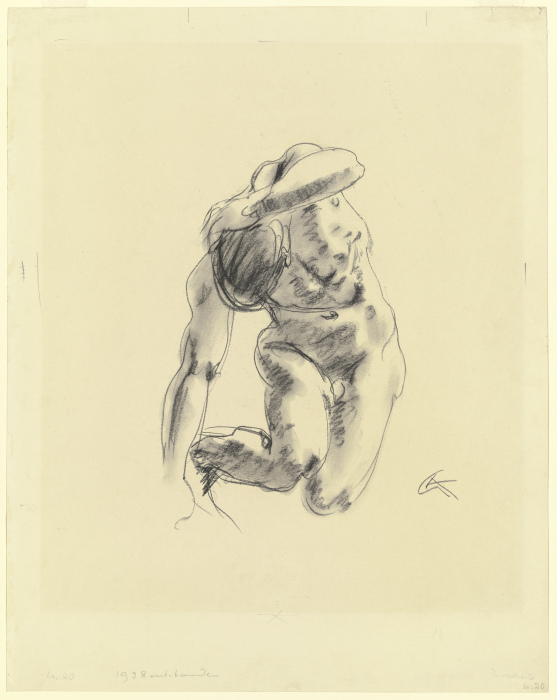 Kniender männlicher Akt, vornübergebeugt, den linken Arm hinter den gesenkten Kopf gelegt van Georg Kolbe