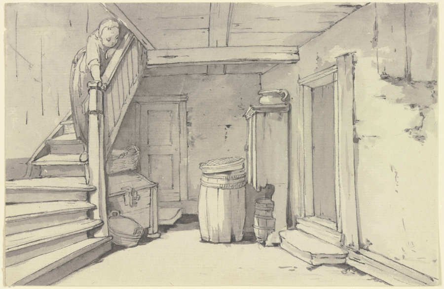 Diele in einem Bauernhaus, links eine Treppe, auf der ein Mädchen steht van Georg Melchior Kraus