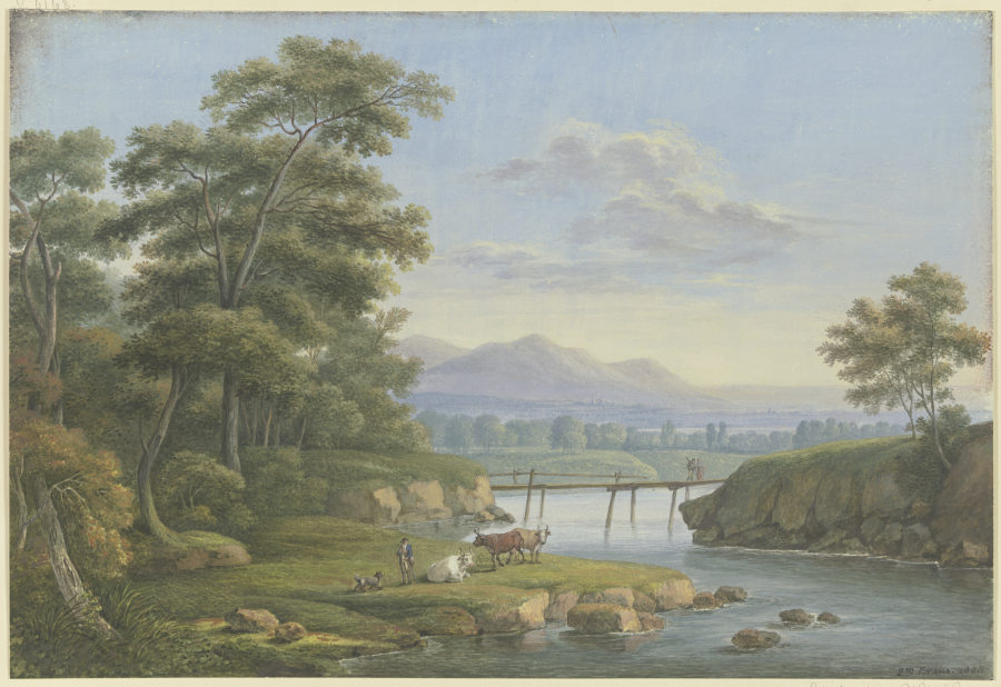 Flußtal mit felsigem Ufer, im Hintergrund Gebirge van Georg Melchior Kraus