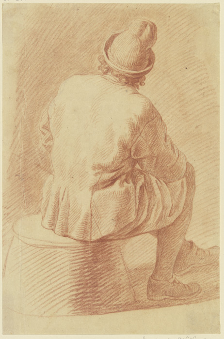 Sitzender Mann mit Kappe, vom Rücken gesehen van Georg Melchior Kraus