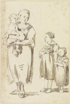 Stehende junge Frau mit einem Kind auf dem Arm, rechts neben ihr zwei weitere Kinder