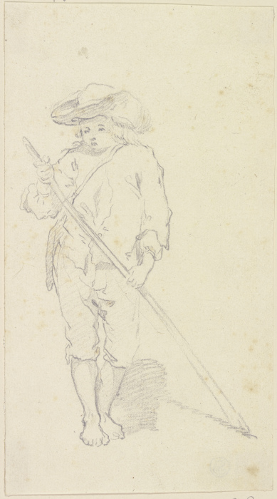Stehender barfüßiger Knabe mit breitkrempigem Hut und einem Stab van Georg Melchior Kraus