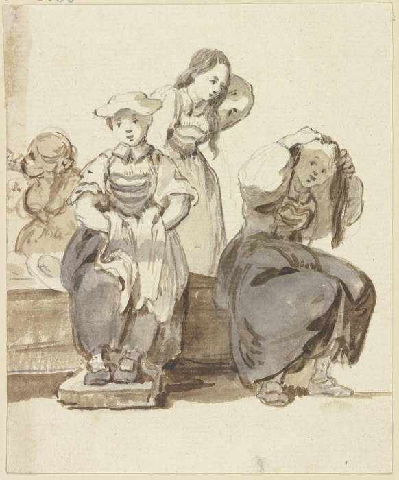 Vier junge Mädchen bei einem Brunnen, zwei von ihnen ordnen sich die Haare van Georg Melchior Kraus