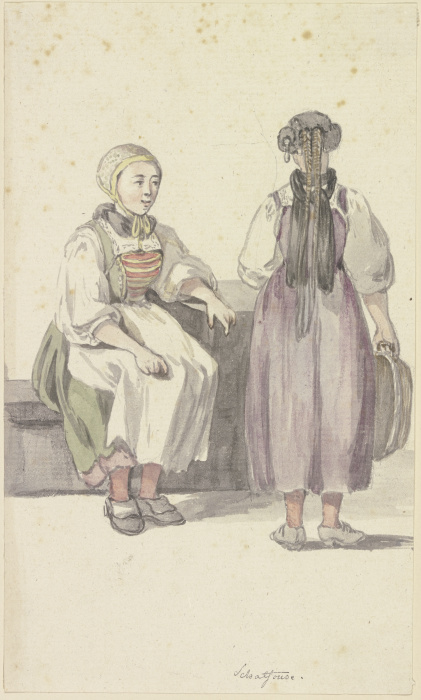 Zwei junge Bäuerinnen in Schaffhausen, die linke sitzend, die rechte in Rücknansicht stehend van Georg Melchior Kraus