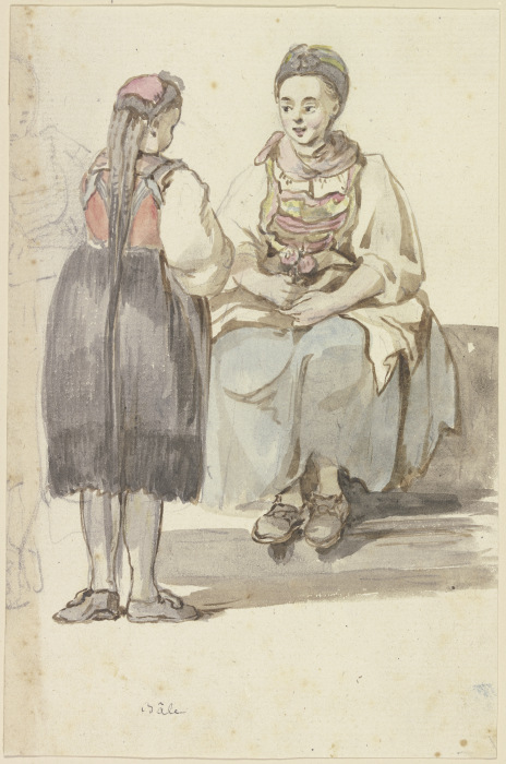 Zwei Schweizer Bäuerinnen, die linke stehend, vom Rücken gesehen, die rechte sitzend, von vorne van Georg Melchior Kraus