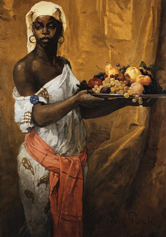 Eine schwarze Dienerin, eine Obstschale haltend van Georg Pauli