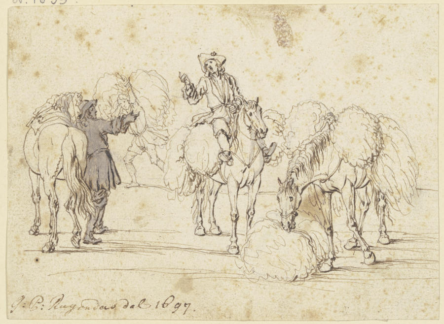 Zwei furagierende Reiter mit drei Pferden van Georg Philipp Rugendas d. Ä.