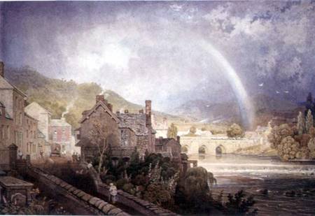 Village and Bridge of Llangollen, North Wales, with Rainbow Effect van George Barret