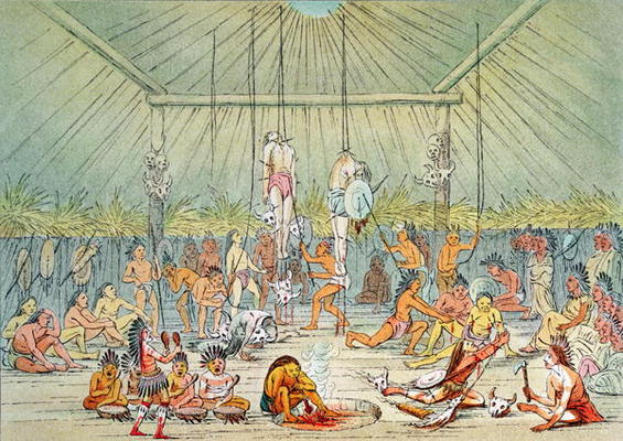 Mandan ceremony (colour litho) van George Catlin