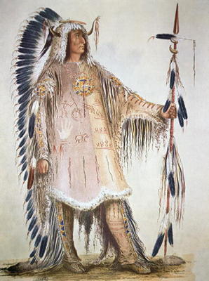 Mato-Tope, second chief of the Mandan people in 1833 (colour litho) van George Catlin
