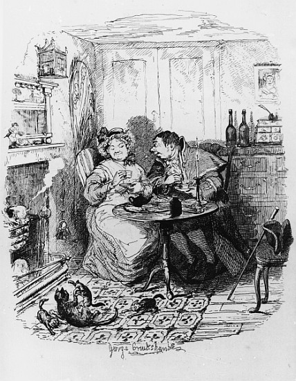 Mr Bumble and Mrs Corney taking tea, from ''The Adventures of Oliver Twist'' Charles Dickens (1812-7 van George Cruikshank