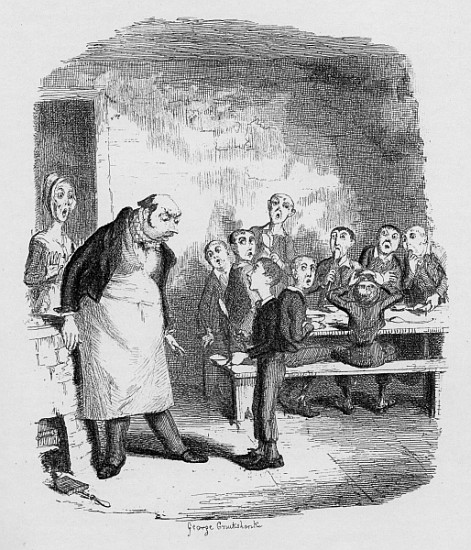 Oliver asking for more, from ''The Adventures of Oliver Twist'' Charles Dickens (1812-70) 1838, publ van George Cruikshank