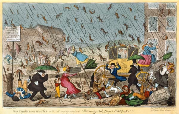 Very Unpleasant Weather, or the Old Saying verified Raining Cats, Dogs and Pitchforks! , pub. G. Hum van George Cruikshank