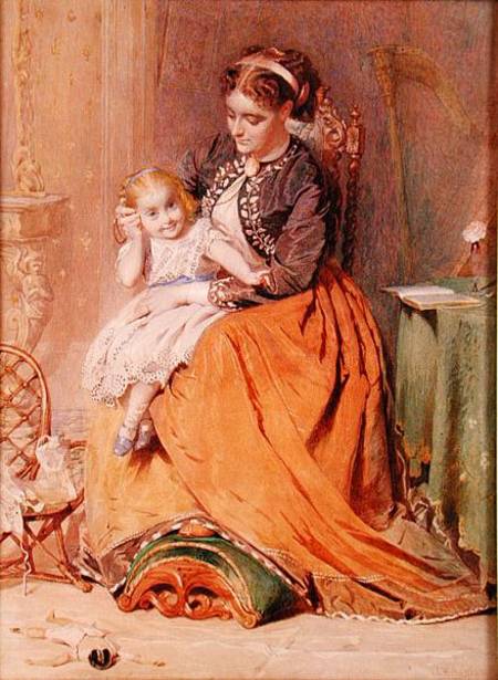 "Tick, Tick, Tick" - a girl sitting on her mother's lap listening to her gold watch ticking van George Elgar Hicks