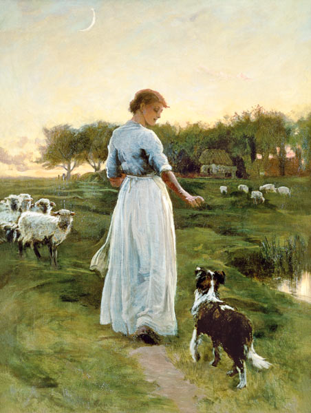 A Shepherdess with her Dog and Flock in a Moonlit Meadow van George Faulkner Wetherbee