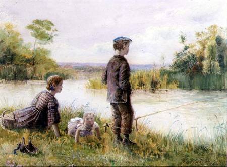 Children fishing by a stream van George Goodwin Kilburne