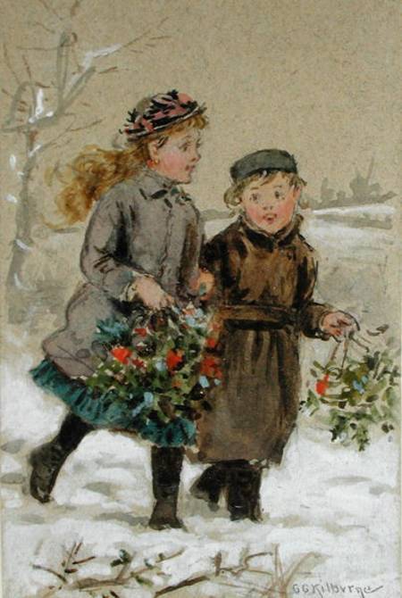 Children Playing in the Snow - Collecting Holly (w/c heightened with white on paper) van George Goodwin Kilburne
