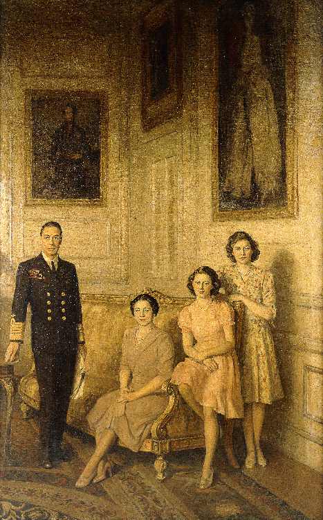Die königliche Familie: King George VI, Queen Elizabeth und ihre beiden Töchter, Prinzessin Margaret van George Harcourt